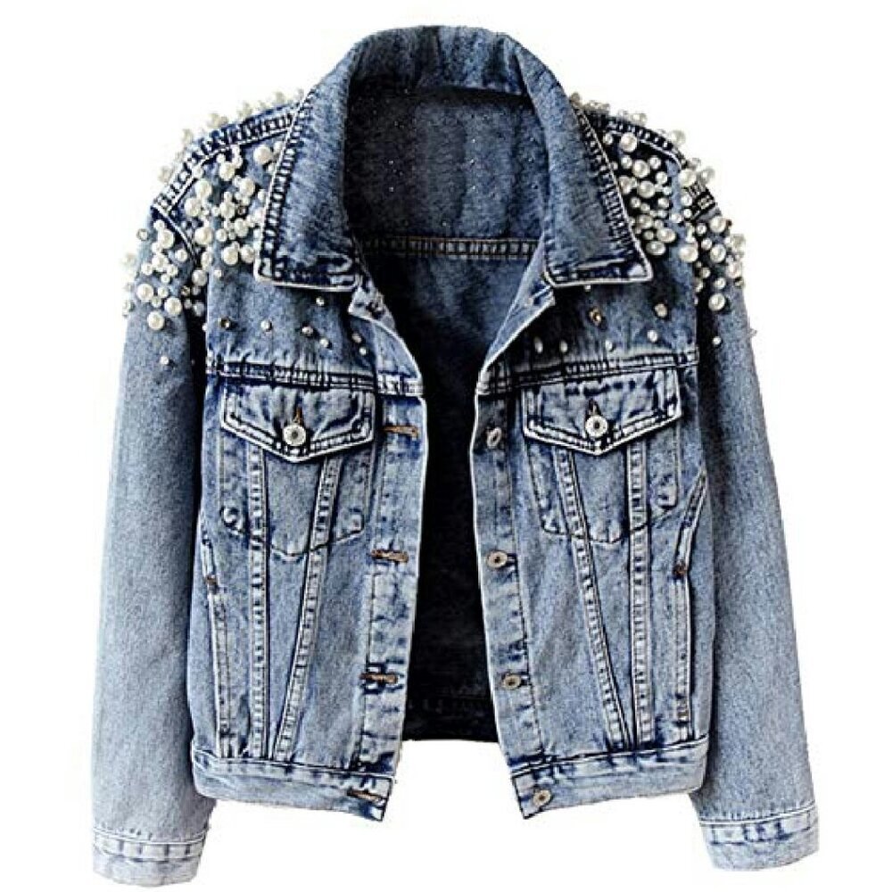 Distressed Denim Jacket with Pearl Embroidery, Cotton Poly Blend, Sizes XS-XXL - Picture 2 of 8